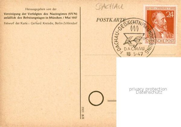 Dachau Befreiungsfeier Dachau 1947 Kuenstlerkarte Stempel Gedaechtniskundgebung – Bild 2