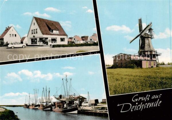 Deichsende Nordholz Motiv mit Ladengeschaeft Windmuehle Hafen Fischkutter