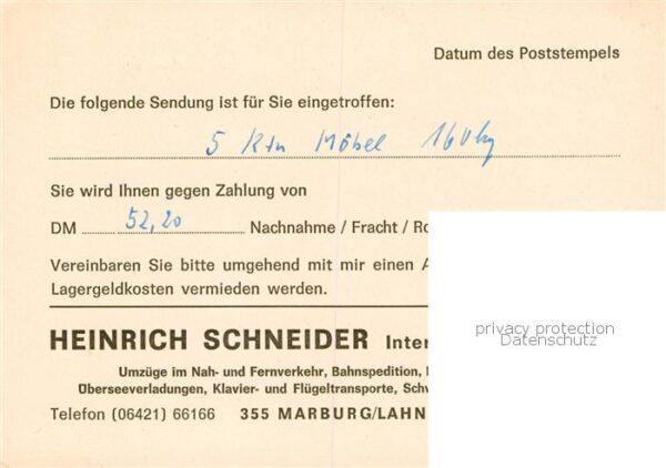 Marburg Lahn Heinrich Schneider Internat Spedition Sendungsbenachrichtigung – Bild 2