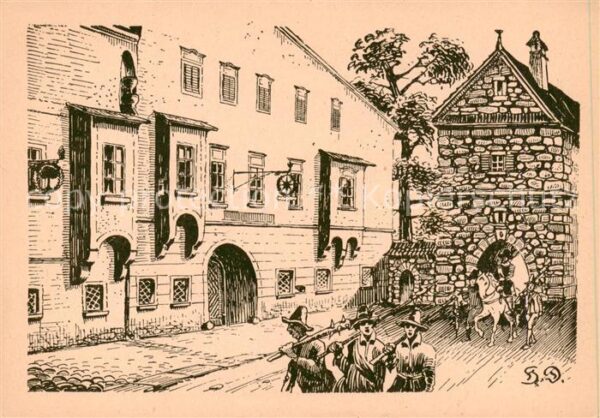Peuerbach Oberoesterreich AT Das Linzertor zur Bauernkriegszeit 1626 Zeichnung