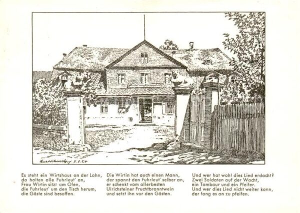 Marburg Lahn Das historische Wirtshaus an der Lahn Schuetzenpfuhl Zeichnung