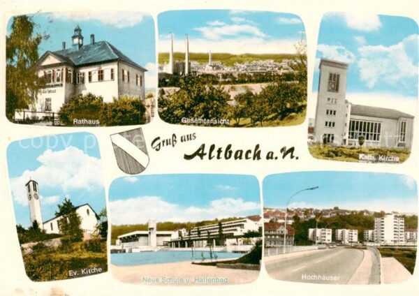 Altbach Wuerttemberg Rathaus Panorama Kath Kirche Ev Kirche Neue Schule  Hallenb