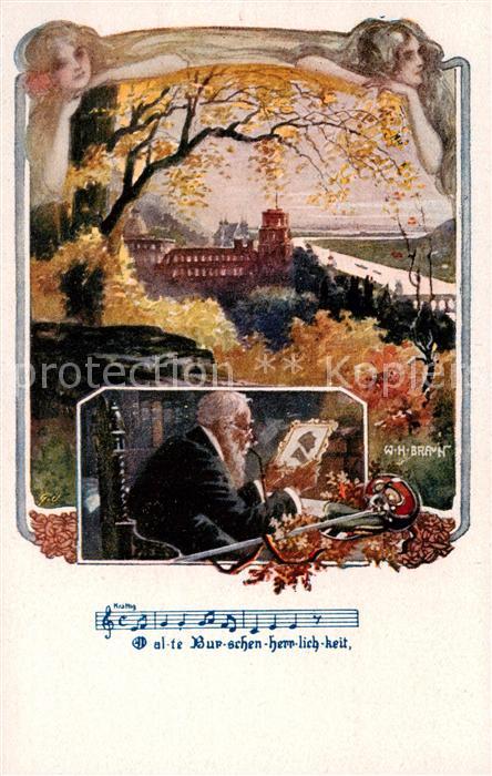 Heidelberg Neckar Ansicht mit Schloss W. H. Braun Kuenstlerkarte Lied Alte Bursc