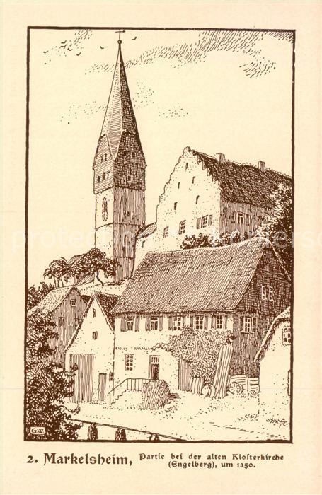 Markelsheim Partie bei der alten Klosterkirche Engelberg Kuenstlerkarte Federzei