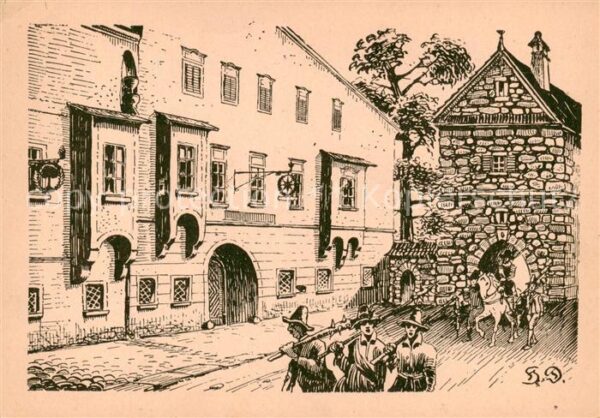 Peuerbach Oberoesterreich AT Das Linzertor zur Bauernkriegszeit 1626 Zeichnung H