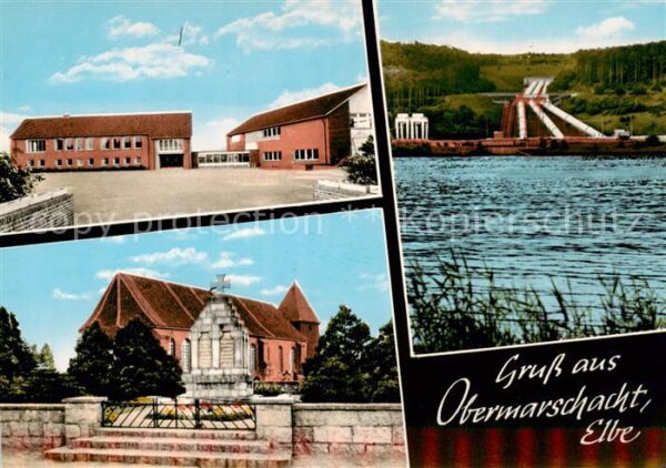 Obermarschacht Teilansichten Kirche Wasserkraftwerk an der Elbe