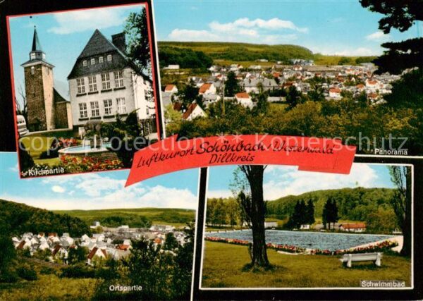 Schoenbach Dillkreis Partie an der Kirche Panorama Schwimmbad