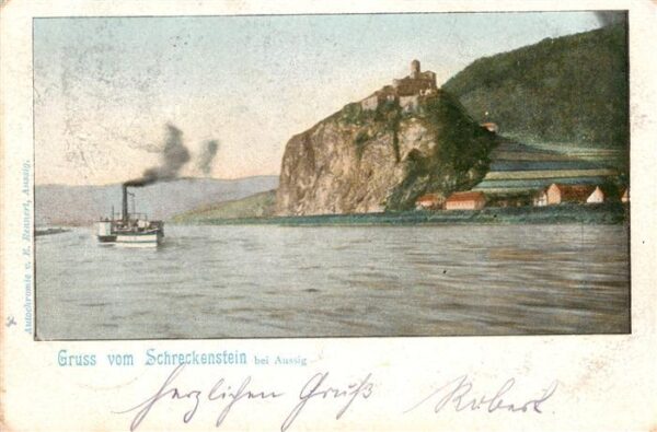 Aussig Usti nad Labem CZ Blick ueber die Elbe zur Burg Schreckenstein Dampfer