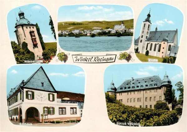 Winkel Oestrich-Winkel Ansicht mit Blick ueber den Rhein Wasserturm Kirche Ratha