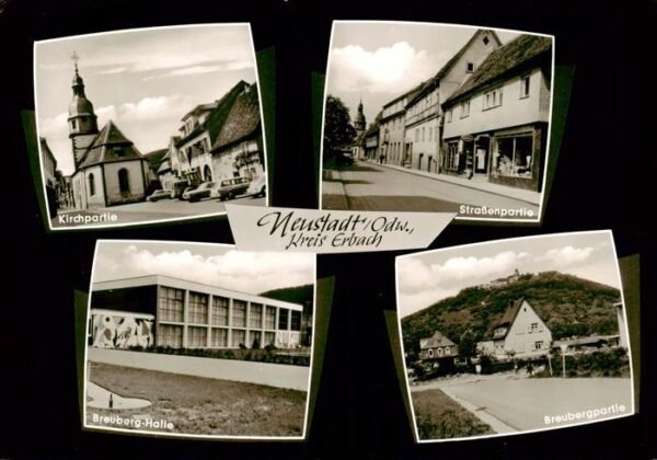 Neustadt Odenwald Motiv mit Kirche Strassenpartie Breuberg-Halle Blick zum Breub