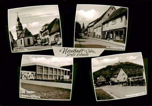 Neustadt Odenwald Motiv mit Kirche Strassenpartie Breuberg-Halle Blick zum Breub