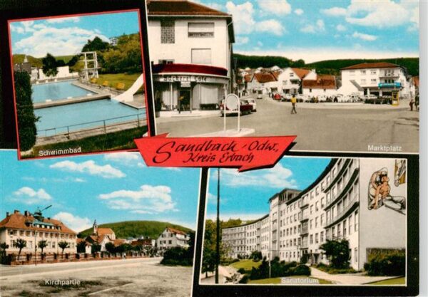Sandbach  Odenwald Schwimmbad Marktplatz Motiv mit Kirche Sanatorium