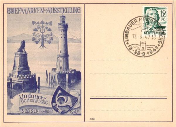 Lindau  Bodensee Briefmarken Ausstellung 1947 Lindauer Herbstwoche Hafeneinfahrt