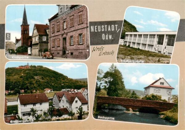 Neustadt Odenwald Partie an der Kirche Breuberg-Halle Blick zum Breuberg Bachpar