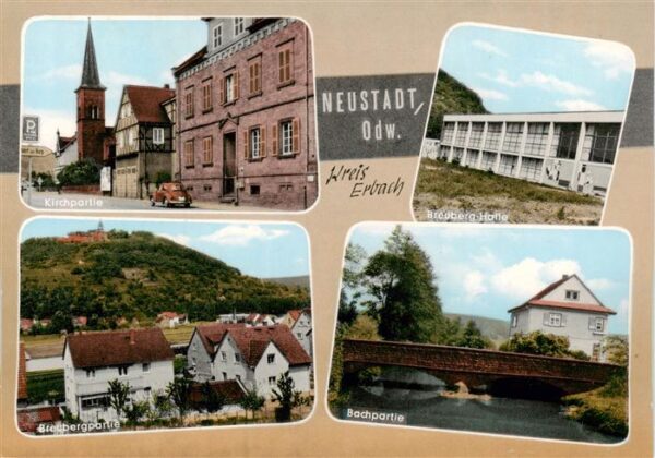 Neustadt Odenwald Partie an der Kirche Breuberg-Halle Blick zum Breuberg Bachpar