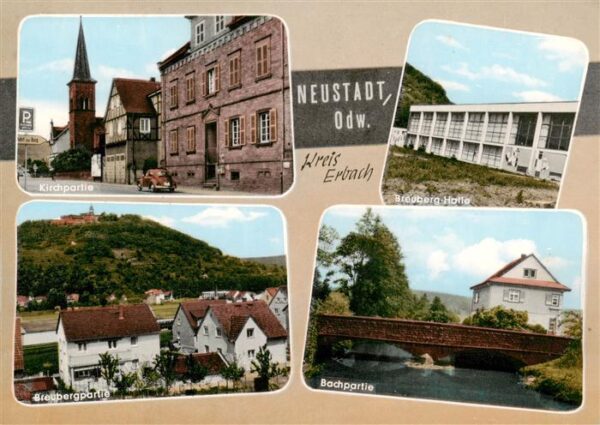 Neustadt Odenwald Partie an der Kirche Breuberg-Halle Blick zum Breuberg Bachpar