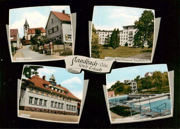 Sandbach  Odenwald Motiv mit Kirche Ernst-Ludwig-Heilstaette Schule Schwimmbad