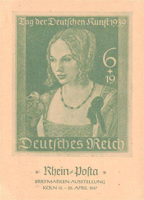 Koeln  Rhein Rhein Posta Briefmarken-Ausstellung Tag der Deutschen Kunst 1939