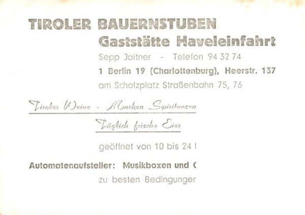 Charlottenburg-Wilmersdorf Berlin Tiroler Bauernstuben Gaststaette Haveleinfahrt – Bild 2