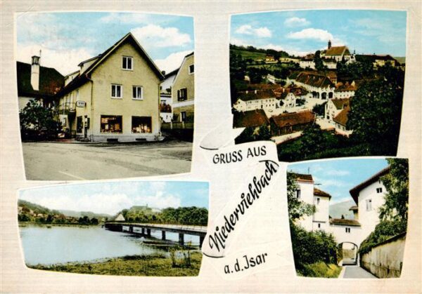Niederviehbach Ladengeschaeft Ansicht mit Kirche Stadtmauer Partie an der Isar