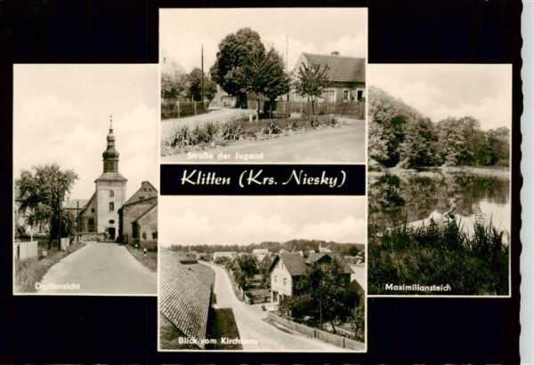 Klitten Sachsen Dorfansicht mit Kirche Strasse der Jugend Blick vom Kirchturm Ma