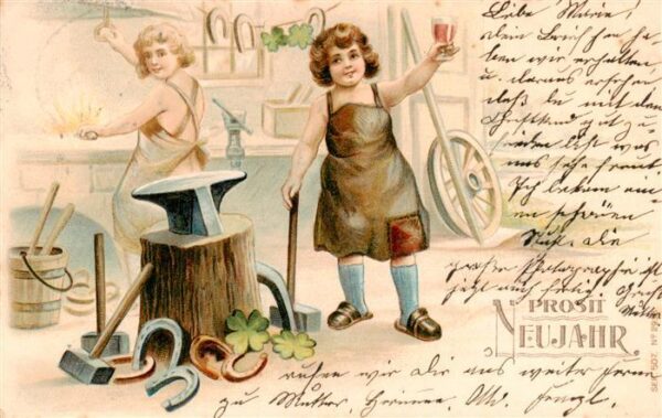 Schmied Blacksmith Forgeron Prosti Neujahr Litho