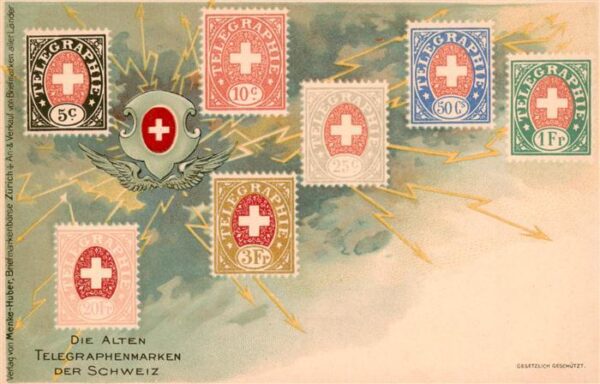 Briefmarken auf Postkarte Telegraphenmarken Schweiz