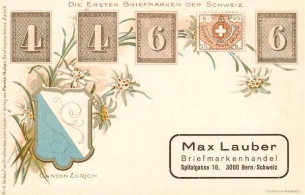 Briefmarken auf Postkarte Schweiz Max Lauber Canton Zuerich