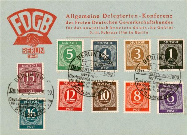 Briefmarke auf Ak FDGB Berlin