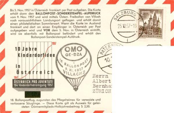 Salzburg  AT Welt Kindertag 1957 Ersttag Stempel Ballonpost – Bild 2