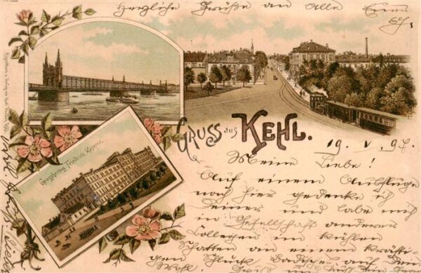 Kehl  Rhein Stadtpanorama Eisenbahn Rheinbruecke Kaserne Litho