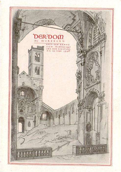 Wuerzburg Bayern Der Dom zerstoert am 16 Maerz 1945 Zeichnung