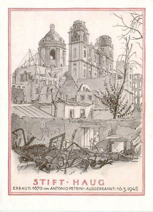 Wuerzburg Bayern Stift Haug zerstoert am 16 Maerz 1945 Zeichnung