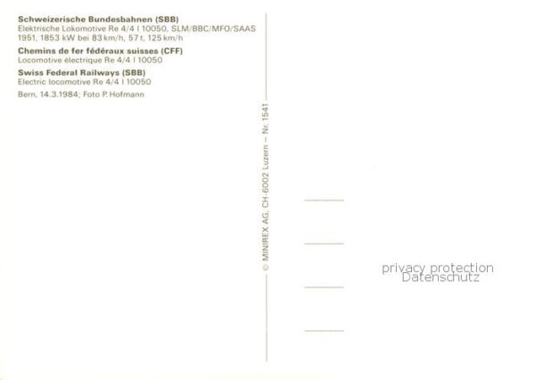 Eisenbahn Railway Chemin de Fer Schweiz SBB Re 4/4 I10050 SLM/BBC/MFO/SAAS – Bild 2