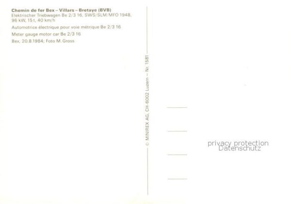 Eisenbahn Railway Chemin de Fer Chemin de fer Bex Villars Bretaye BVB Be 2/3 16 – Bild 2