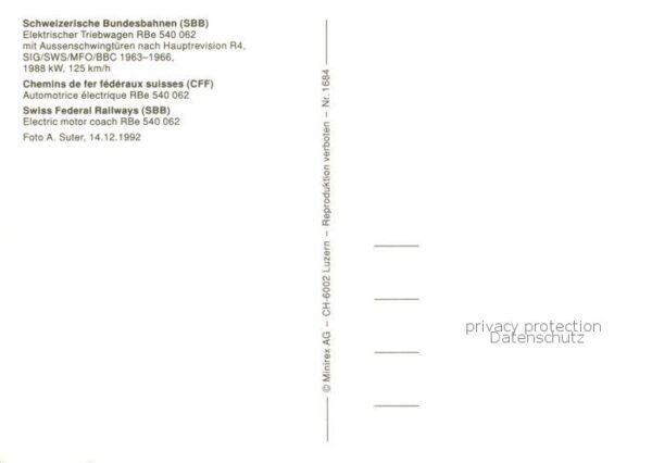 Eisenbahn Railway Chemin de Fer Schweizerische SBB El. Triebwagen RBe 540 062 – Bild 2