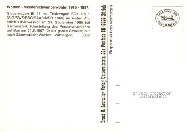Eisenbahn Railway Chemin de Fer Wohlen-Meisterschwanden-Bahn Steuerwagen Bt 11Tr – Bild 2