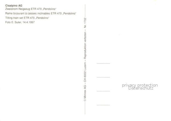 Eisenbahn Railway Chemin de Fer Cisalpino AG Zweistrom-Neigerzug ETR 470 Pendoli – Bild 2