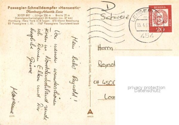 Dampfer Oceanliner Schnelldampfer Hanseatic Hamburg-Atlantik-Linie – Bild 2