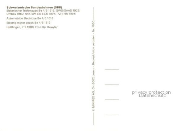Eisenbahn Railway Chemin de Fer Schweiz SBB Elektrischer Triebwagen Be 4/6 1613 – Bild 2