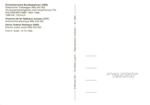 Eisenbahn Railway Chemin de Fer SBB Elektrischer TriebwagenRBe 540 062 – Bild 2