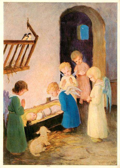 Kuenstlerkarte M.Schonermark M. Josef Mueller Nr. 5838 Frohe Weinachten Krippe E