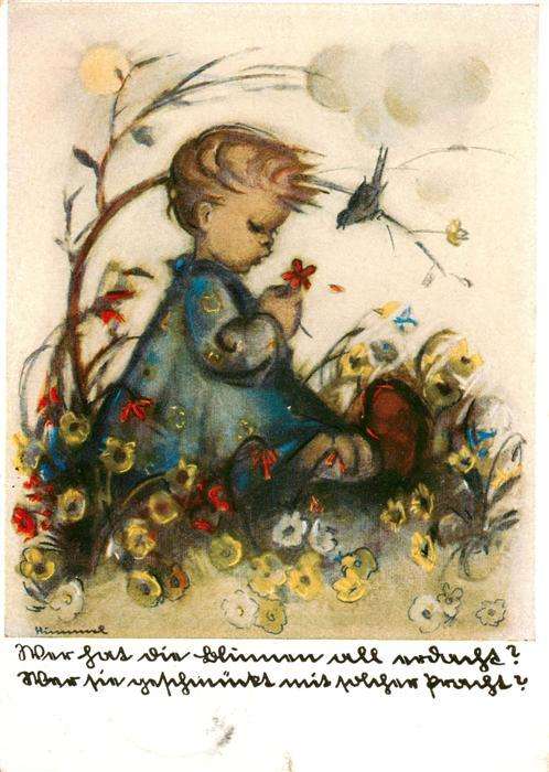 Hummel Kuenstler-AK-Nr. Nr.5220 Josef Mueller Kind Bluemen Vogel