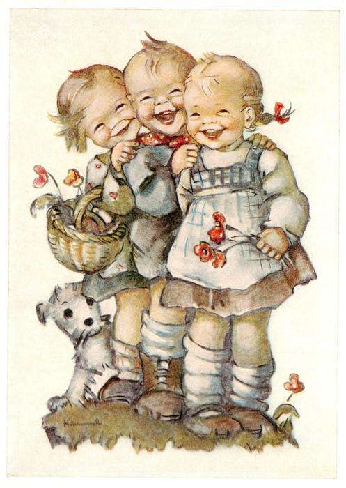 Hummel Kuenstler-AK-Nr. Nr.5918  Josef Mueller Lach mit! Kinder Hund Bluemen Kor