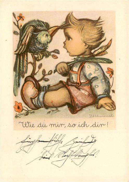 Hummel Kuenstler-AK-Nr. Nr.4519 Josef Mueller Wie du mir so ich Dir! Kind Vogel