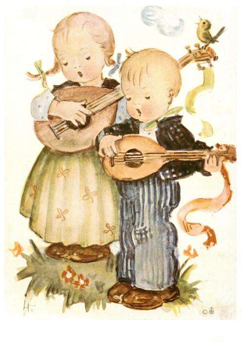 Hummel Kuenstler-AK-Nr. Nr.14409 Josef Mueller Kinder spielen singen