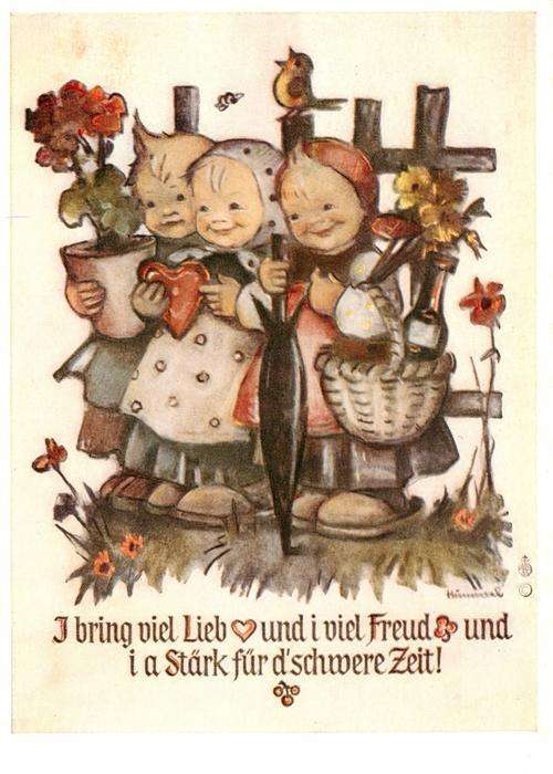 Hummel Kuenstler-AK-Nr. Nr. 5835 Josef Mueller Lieb freud Staerke schwere Zeit