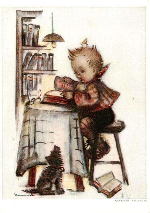 Hummel Kuenstler-AK-Nr. Nr. 5439 Josef Mueller Kind Buecher Lessen Hund