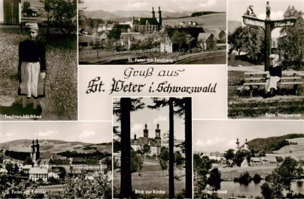 St Peter Schwarzwald Trachtenmaedchen Panorama mit Kirche und Feldberg Beim Wegw