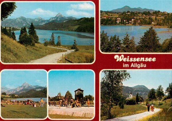 Weissensee Fuessen Seepanorama Strand Spielplatz Kirche
